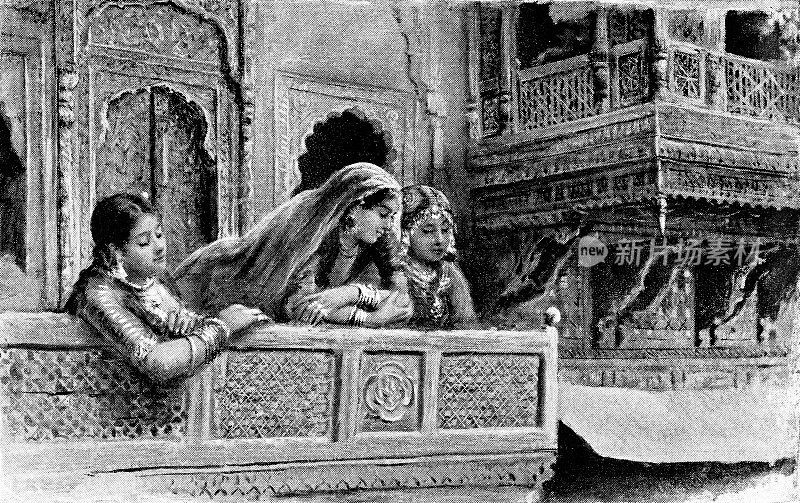 在巴基斯坦拉合尔的一个阳台上的女人- 19世纪英国统治时期